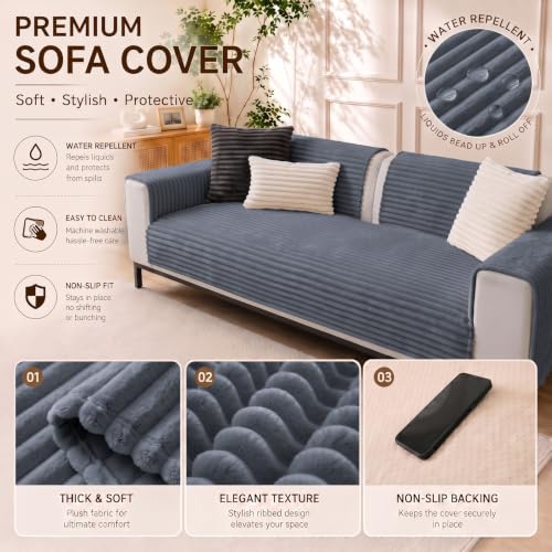 KELUINA Waterproof Couch Covers for Pets, Faux Fur Pet Couch Covers for Dogs, Pet Friendly 3 Seat Sofa Cover, Non Slip Washable Furniture Protector for Living Room(Light Gray, 35.43"x 62.99" 1 Pack) - image 5