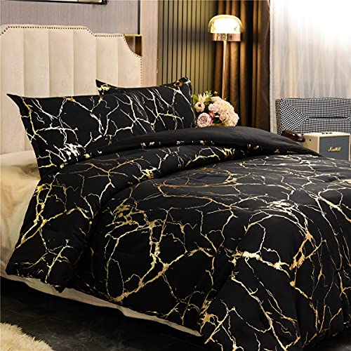 Holawakaka Gold Metallic Marble Comforter Set Queen Size Foil Print Glitter Bedding Sets,Black/Gold,Queen