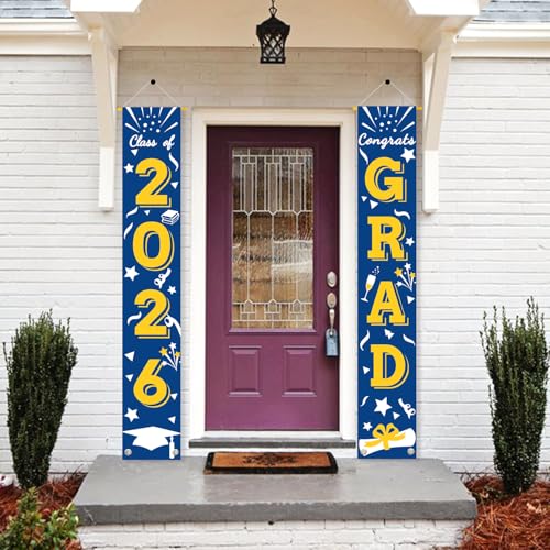 Image of Graduation Porch Banner Class Sign Congrats Grad Hanging Flags High School College University Party Decoration For Front Door Outdoor Blue Yellow