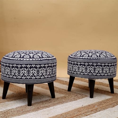 Image of Stool Ottoman Pouffes for Living Room, Home, Office Furniture Stool with Soft Cotton Cushion Mudda Footrest for Chair Sofa Bed Dressing Decor, Mandala Blue (14 Inch Pack of 2)