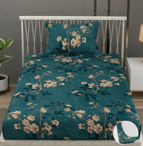 Image of Vram Premium Heavy Cotton Elastic Fitted Bedsheets with 1 King Size Pillow Covers || Single Bed with All Around Elastic 350 TC || 36 x 78 x 6 Inch Single Size Fitted || :- Green Flower