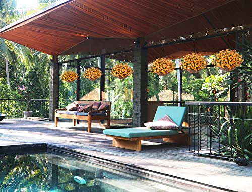 Hanging Artificial Flowers Basket, Hanging Daisy Flowers In Coconut Lining Hanging Basket For Garden Porch Deck Decoration,Faux Flower With Basket Arrangement Outdoors Indoors Courtyard Decor(Orange) #TOP3