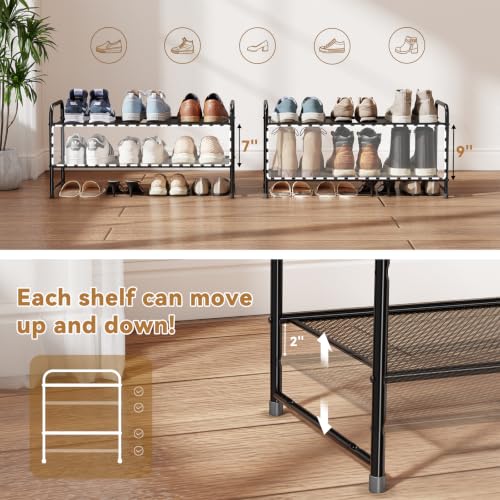 Image of Shoe Rack, 2 Tier 27 inch Wide Metal Mesh Shoe Organizer for Closet Holds up to 6-9 Pairs, Stackable, Black