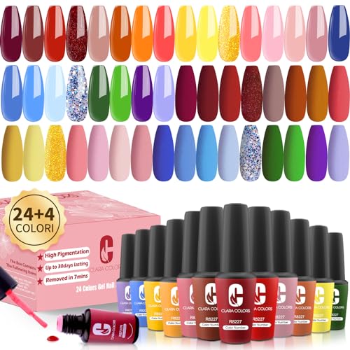 Clara Colors Kit de 28 vernis à ongles gel, 24 couleurs ensemble de vernis à ongles avec couche de finition fleurie, brillante et mate, kit de manucure pour...