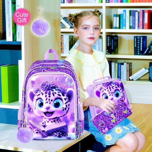Image of CCJPX 16 inch Leopard Backpack for Girls, 3Pcs Kids Bookbag with Lunch Box, Water Resistant Elementary School Bag for Kindergarten Preschool Toddler (Purple)