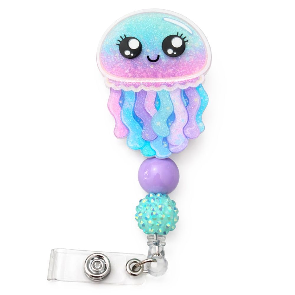 Jellyfish Badge Reel Cute Sea Creatures Gliterry Pastel Color Beach Vibes Acrylic ID Name Holder Ocean Themed Party Favors Gifts for Pediatric Nurse Pharmacy Medical Assistant RN Coworkers Teachers