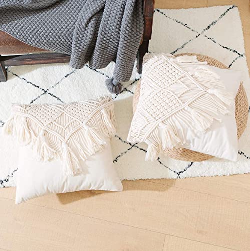 Image of Handmade Macrame Cushion Cover 16x16 Inches, Boho Decorative Throw Pillow Cover with Tassels, Cotton Woven Cushion Case for Sofa, Bedroom, Living Room, Couch Decor, Off White, 1 Piece
