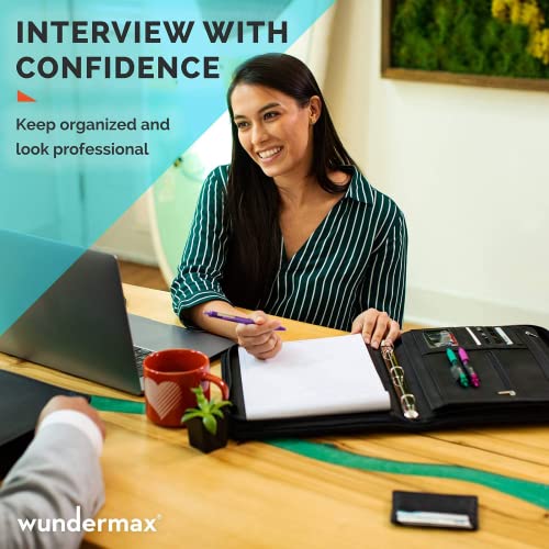 Wundermax Portfolio Binder - 13 X 10.5 X 1.8 Inch, Vegan Leather, 3-Ring Padfolio For Women And Men W/Zipper, Detachable Binder, Notepad And Pockets For Tablet, Resume And Documents - Black #TOP6