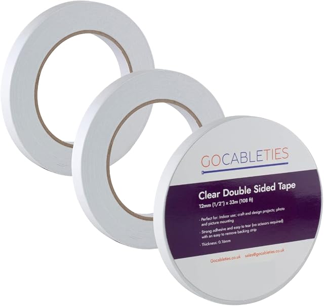 Gocableties Clear Double Sided Tape, 12mm (1/2) x 33m, Strong Thin Double Sided Sticky Tape for Craft, Scrapbooking and Mounting Photos, 3 Rolls