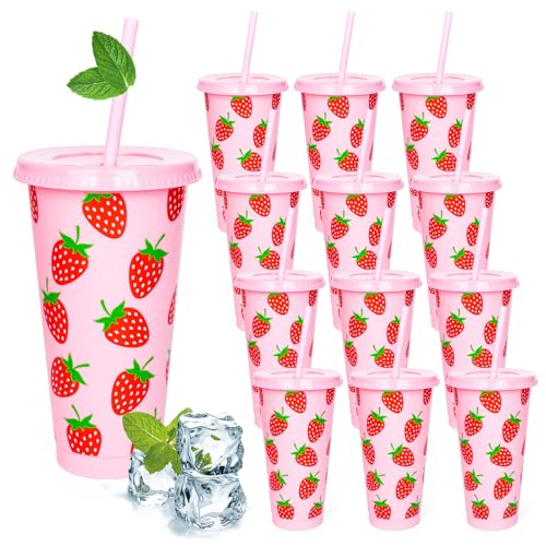 FYSUIMU 12 Pcs Strawberry Plastic Cups with Lids Straws Pink