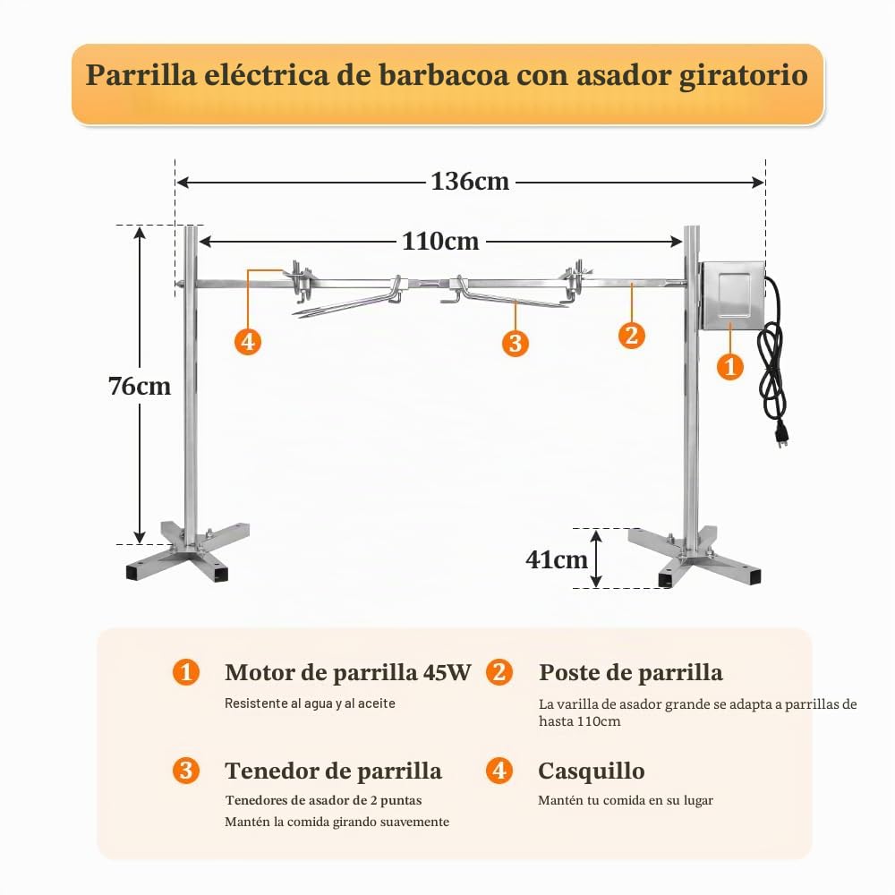 Asador Giratorio para Barbacoas Acero Inoxidable con Motor, Gira hasta 100 kg de Cerdo,Pincho Giratorio para Fogata, Camping, Jardín para cochinillos y corderos