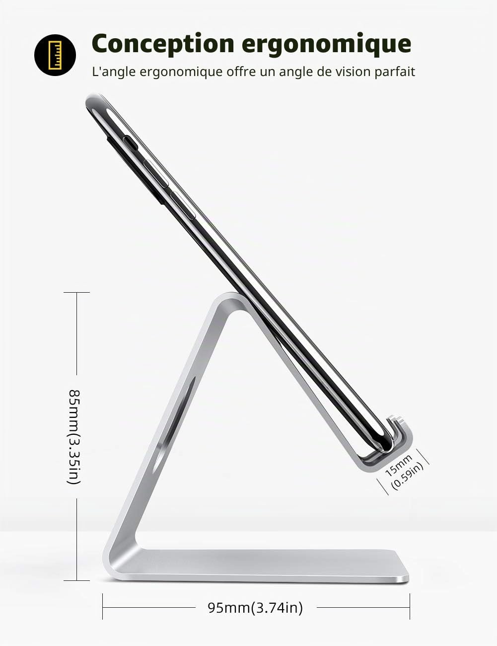 Lamicall Support Téléphone, Dock Téléphone - Support Téléphone Bureau pour iPhone 17 Pro Max Air, 16/15/14/13/12 Pro Max Plus Mini XS XR X 8, Huawei, Samsung S10 S9 S8, d'autres Smartphones - Argenté