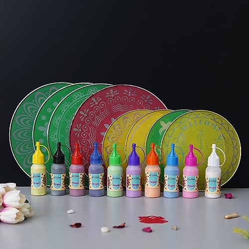 Image of eCraftIndia Set of 8 Designer Diwali Rangoli Stencils Set in 4 Big Size 4 Small Size |10 Rangoli Colours Bottles | Diwali Decoration Item for Home Decor
