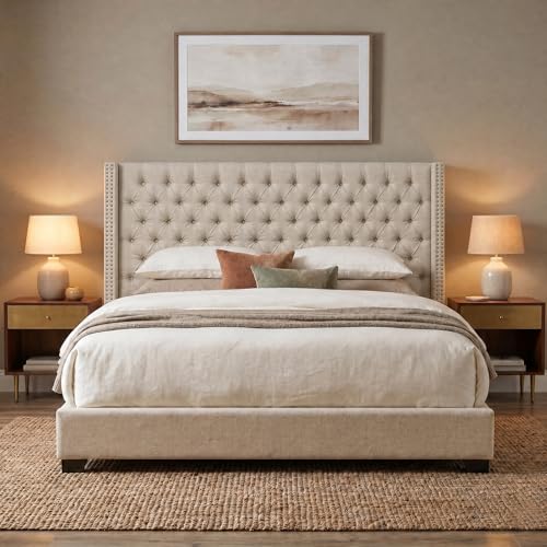 Image of Madison Park King Wingback Upholstered Tufted Headboard, Featuring High-Density Sponge Padding, Adjustable Height Headboard, Easy Assembly, Beige Woven