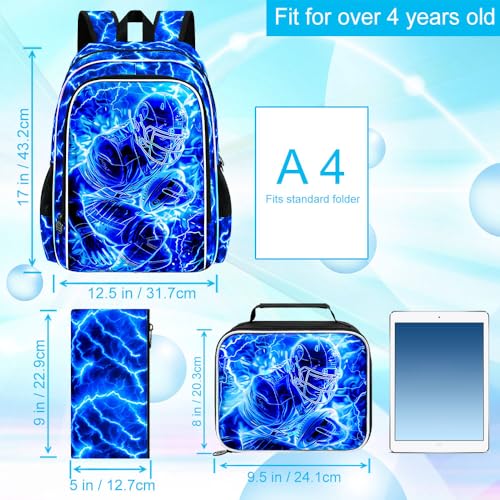Image of 3Pcs Football Backpack for School, Kids Boys Lightning Bookbag with Lunch Box, 17 inch Backpacks for Elementary Preschool Kindergarten (Blue)