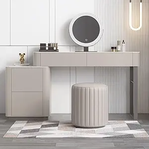 Vandana Interiors Modern 55.12'' W Solid Wood Makeup Vanity Set with Lighted Mirror and Stool Faux Leather Vanity Set