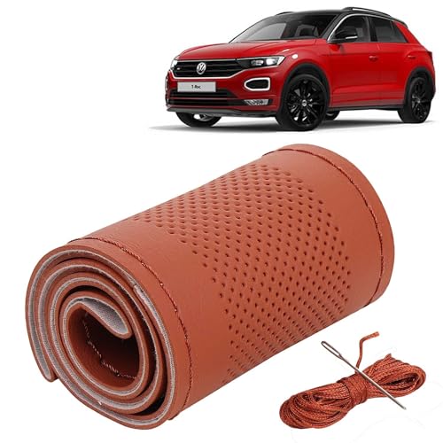 Image of KINGSWAY PU Leatherite Car Steering Cover Sewable Compatible with Volkswagen T ROC (Year 2020 Onwards), Tan Color with Tan Thread, Pack of 1 with Sewing Needle and Thread