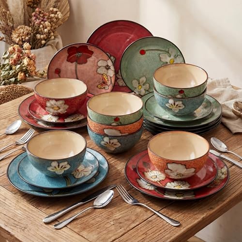 Maxdot Ceramic Dinnerware Sets Service for 4, 32 Pcs Glazing Floral Ceramic plate and bowl sets with Knife/Fork/Spoon, Handmade Dish Set- Best Christmas housewarming gifts,Dishwasher Microwave Safe