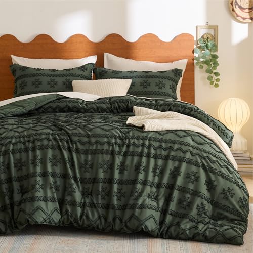 Image of Bedsure Tufted Boho Comforter Set Queen Size - Olive Green Boho Bed Set, GentleSoft 3 Pieces Farmhouse-Style, Home Decor Bedding, Gifts for Woman, Soft Jacquard Queen Comforter for All Seasons