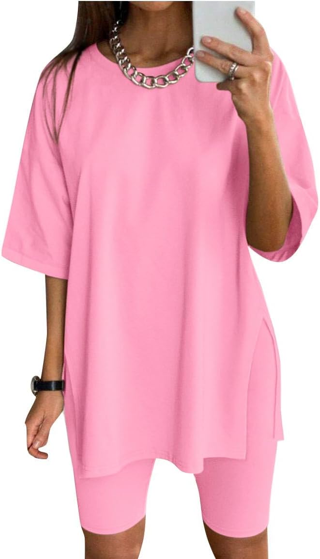 Halfword Women 2 Piece Outfit Sets Casual Oversize T-Shirt Tops Biker Shorts Workout Sport Tracksuit Lounge Sets