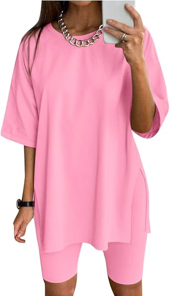 Halfword Women 2 Piece Outfit Sets Casual Oversize T-Shirt Tops Biker Shorts Workout Sport Tracksuit Lounge Sets