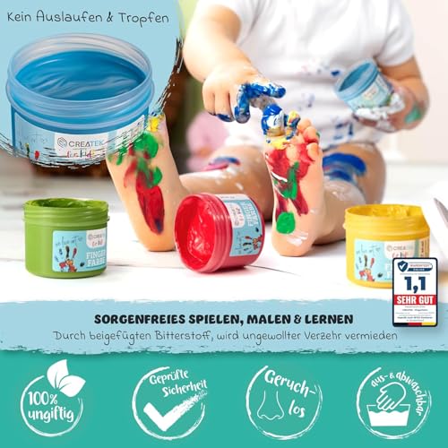 CreaTek - Fingerfarben Kinder ungiftig ab 2 Jahre [ inkl. lustiger Malvorlagen ] 100% sicher, vegan, geruchlos & auswaschbar - 6x leuchtende Grundfarben je 60ml - Fingermalfarben für Kinder ungiftig