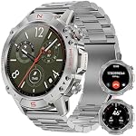 Rugged Military Smart Watch for Men, 5ATM Waterproof, 170+ Sports Modes, 1.43" AMOLED Round Health Fitness Tracker Watch,Tactical Smartwatch Compatible with iPhone Android,Silver Stainless Steel Metal