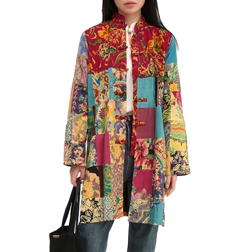 FioraMosaic Women's Boho Floral Patchwork Jacket Lightweight Color-Blocked Plaid Windbreaker