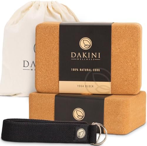 Cork Yoga Blocks 2 Pack with Strap- 9x6x3 Inch Natural Yoga Block...