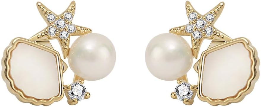 Starfish Stud Earrings for Women - Conch Shell Stud Earrings - Ocean Sea Shell Earrings Plated in 14k Gold White Gold