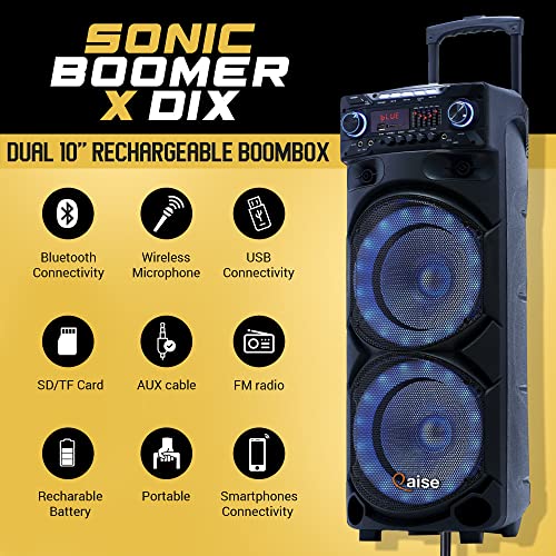 Qaise Portable Pa System With Wireless Mic - Bluetooth Party Boombox Speaker & Karaoke Machine With Lights, Dual 10” Subwoofer, X-Bass & 8000 Watts Peak Power - Sonicboomer X-Dix #TOP1