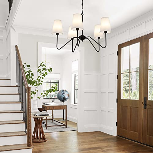 Jsdorsy Chandelier With White Fabric Shade, Black Dining Room Light Fixtures Over Table, Classic Pendant Light Fixtures Ceiling Hanging For Living Room Bedroom, 5-Arm, 30" Dia #TOP7