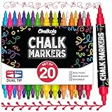 Chalkola Dual Tip Liquid Chalk Markers for Blackboard (20 Pack, 1mm+5mm Fine, Bold) - Dry Erase Marker Pens for Chalkboards Signs, Car Windows, Glass, Mirrors - Erasable Chalkboard Markers