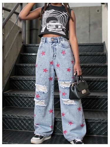 Girl's Y2k Bow Print Baggy Jeans Wide Leg High Waisted Denim Pants Blue 12Y3