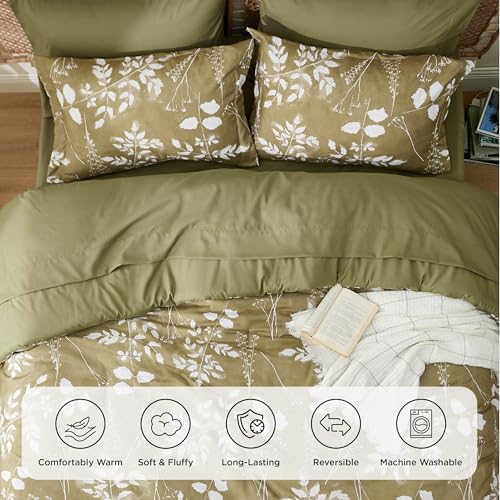 Image of Bedsure Floral Olive Green Comforter Set, Queen Bedding Sets, 7 Piece | Bed in a Bag, Comforters, Bedroom, Reversible, Fluffy, Whisper-Quiet, All-Season, Polyester, Easy Care, Botanical-Chic, OEKO