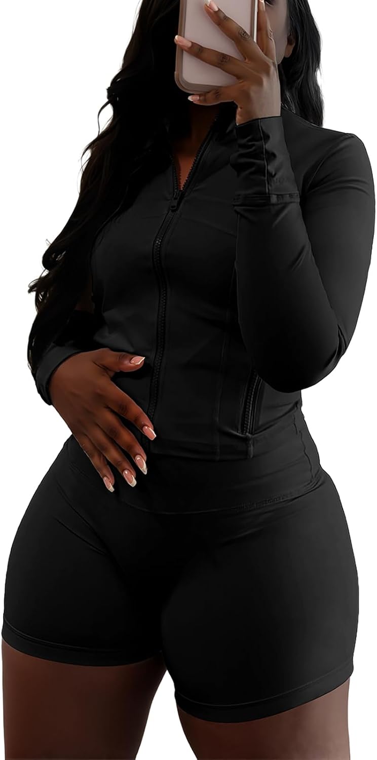 Adogirl Women Workout Sets 2 Piece Outfits Long Sleeve Zip Sweatshirt Jacket Gym Leggings Biker Shorts Set Tracksuit