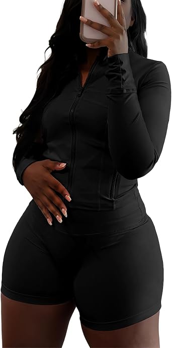 Adogirl Women Workout Sets 2 Piece Outfits Long Sleeve Zip Sweatshirt Jacket Gym Leggings Biker Shorts Set Tracksuit