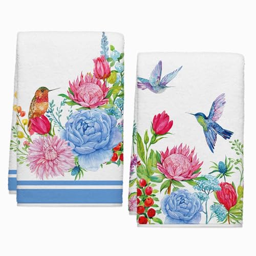 Cloudfomila Summer Hummingbirds Floral Kitchen Towels, Spring Green Leaves Dish Towels Set of 2, Spring Pink Flowers 18 x 26 Inch Hand Towel Quick Drying Dishcloth Decor for Kitchen Bathroom Home