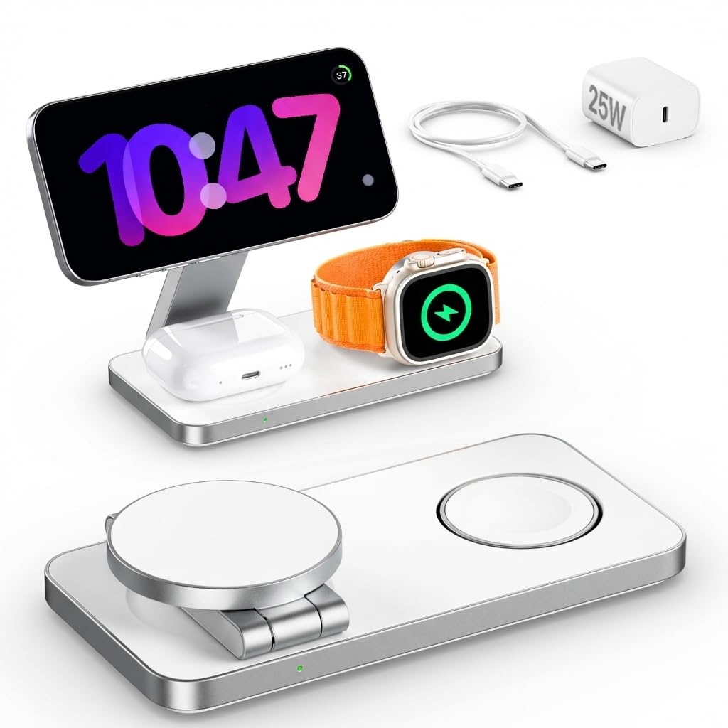 QTlier Qi2.2 stacja ładująca 3 w 1 iPhone do serii 17/16/15/14/13/12, bezprzewodowa ładowarka 25 W do Apple Watch 10/9/8/7/6/5/4/3 i AirPods, biała