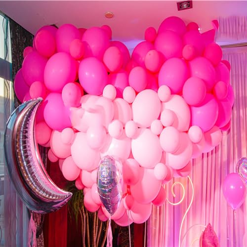 126pcs Pink Confetti Balloons, Huge Metallic Hot Pink Rose Gold Aluminum Foil Balloons, Pink Latex Balloons for Barbie Party, Girl Birthday, Baby Shower, Princess Doll Theme Party Decorations. - Thumbnail 6