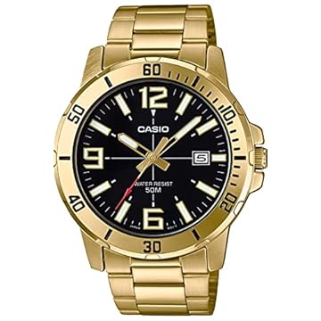 Casio MTP-VD01G-1BV Relógio masculino Enticer dourado de aço inoxidável, mostrador preto, casual, analógico, esportivo, Dourado, OneSize, Movimento de quartzo