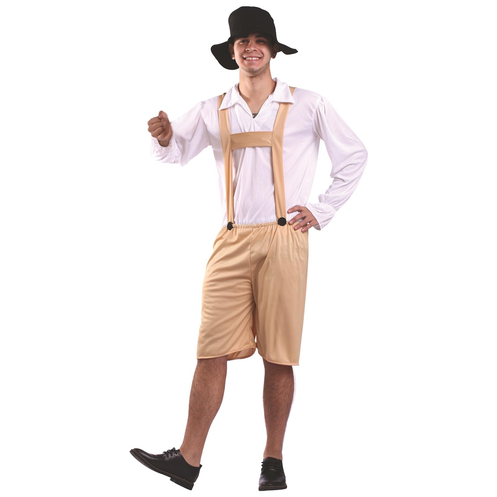 Bayerische Premium Trachtenhose Herren Kurz Lederhose Tracht Original Trachtenlederhosen für Trachtenmode Kurze Beige Lederhosen mit Weißes Hemd Langarm Hosenträger Trachtenhut Oktoberfest Outfit
