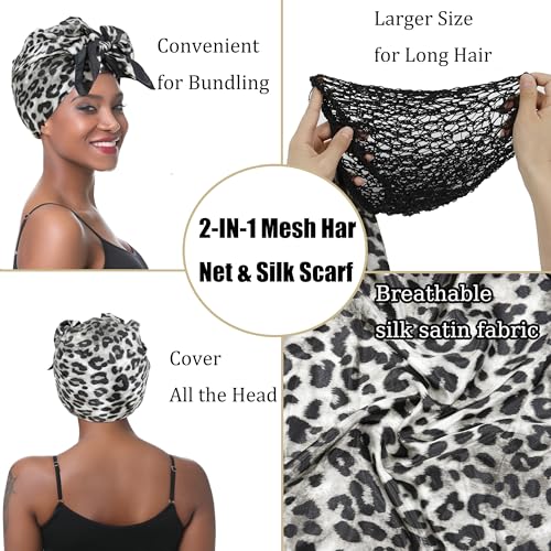 2 in 1 Wrap Cap Hair Net for Silk Press, Satin Scarf Hair Net Silk Press Wrap for Women Sleeping Curly Hair Care (grey leopard&net, L)