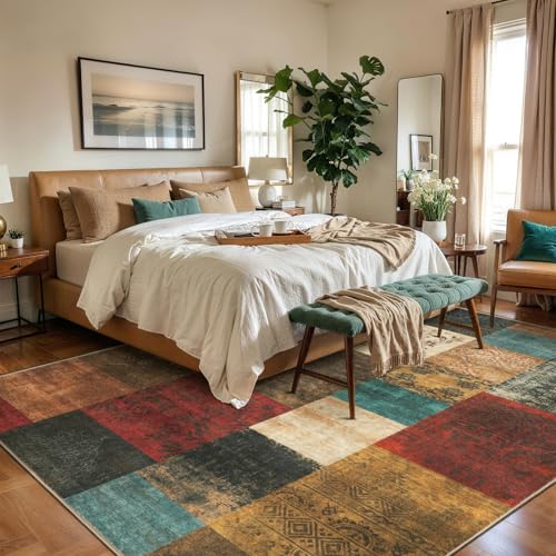 SERISSA Modern Abstract Rugs for Living Room, 5'x7' Large Machine Washable Soft Non-Slip Area Rug, Low-Pile Geometric Aesthetic Dining Floor Carpet for Bedroom Office Under Table Home Decor Red Brown — view 2