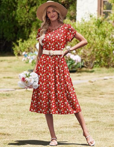 Image of HOTOUCH Women's Summer A-Line Midi Dresses 2026 Casual Floral Short Sleeve T-Shirt Dress Flowy Beach Sundress with Pockets