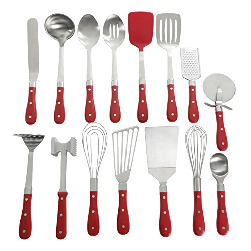 Pioneer Woman Frontier Red 15 Pc Set Kitchen Tool Stainless Steel Spoon Whisk Spatula Set