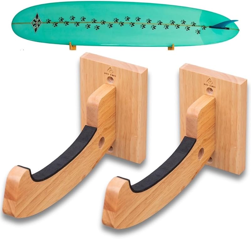Soporte de pared para tabla de surf de madera y soporte para snowboard - Soporte versátil para tabla de surf resistente, soporte para tabla de wakeboard, soporte para monopatín Longboard - Orificio adicional para colgar accesorios