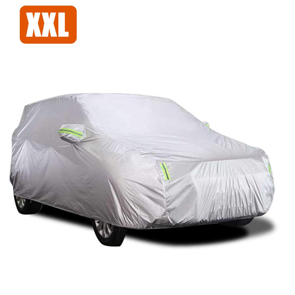 Shkalacar Pokrowiec na samochód na zewnątrz, pokrowiec na samochód, oddychający, odporny na promieniowanie UV, odporny na śnieg, ze stałą klamrą, pasek odblaskowy (XXL)