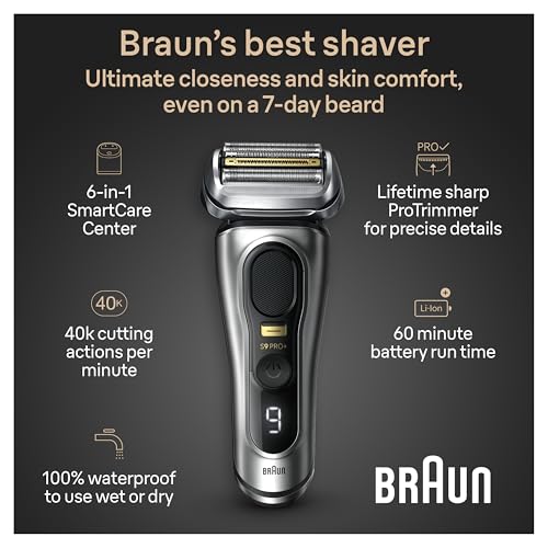 Image of Braun Series 9 PRO+ Electric Razor for Men, 5 Pro Shave Elements & Precision Long Hair Trimmer, 6in1 SmartCare Center, Wet & Dry Electric Shaver for Smooth Skin with 60min Battery Runtime, 9567cc