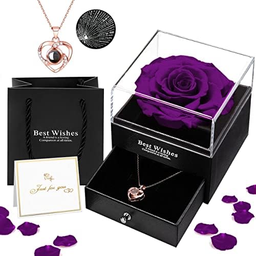 Preserved Real Rose in Box with I Love You Necklace Handmade Eternal Flower Valentine Gifts for Her Girlfriend Wife Mother Women on Wedding Anniversary Birthday Valentine's Day Mother's Day Christmas
